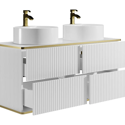 Meuble de salle de bain suspendu rainuré avec double vasque à poser ronde - Blanc - 120 cm - KELIZA