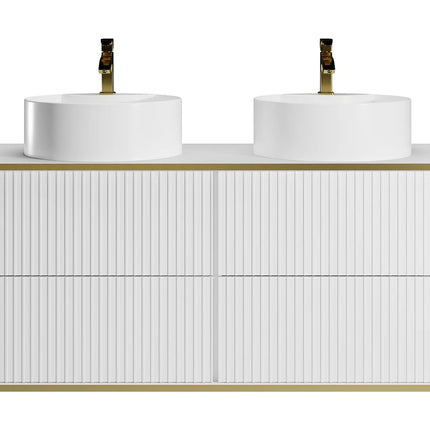 Meuble de salle de bain suspendu rainuré avec double vasque à poser ronde - Blanc - 120 cm - KELIZA