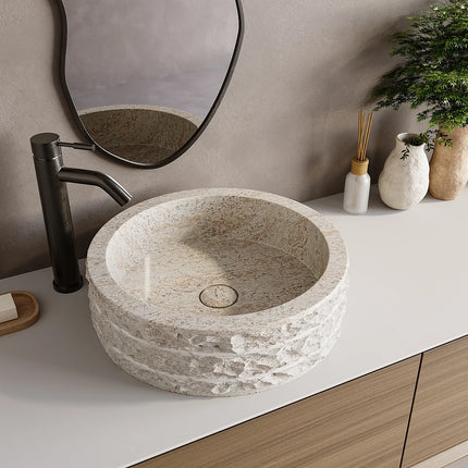 Vasque à poser en marbre naturel finition mate avec vasque ronde - Crème - 40 cm - CIRILA