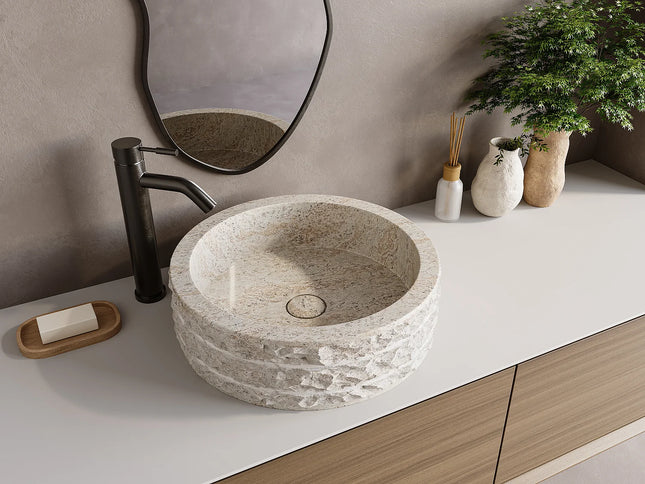 Vasque à poser en marbre naturel finition mate avec vasque ronde - Crème - 40 cm - CIRILA