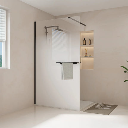 Paroi de douche à l'italienne design contemporain avec porte-serviette et étagères - Noir mat - 120 cm - POMARO