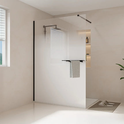Paroi de douche à l'italienne finition verre dégradé mat avec porte-serviette et étagères - Noir mat - 140 cm - POMARO