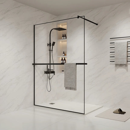 Paroi de douche à l'italienne avec porte-serviettes et étagère intégrée - Noir mat - 140 cm - Les Astucieux