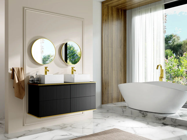 Meuble sous vasque suspendu rainuré avec liseré doré - Noir - 120 cm - KELIZA