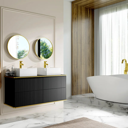 Meuble de salle de bain suspendu rainuré avec double vasque à poser carrée - Blanc - 120 cm - KELIZA
