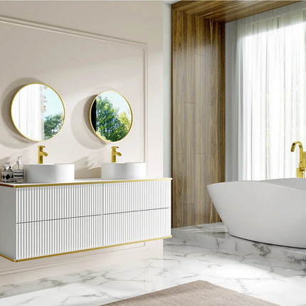 Meuble de salle de bain suspendu rainuré avec double vasque à poser ronde - Blanc - 150 cm - KELIZA