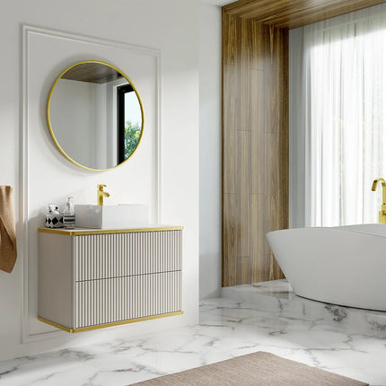 Meuble de salle de bain suspendu rainuré avec vasque à poser carrée - Beige/Blanc - 80 cm - KELIZA