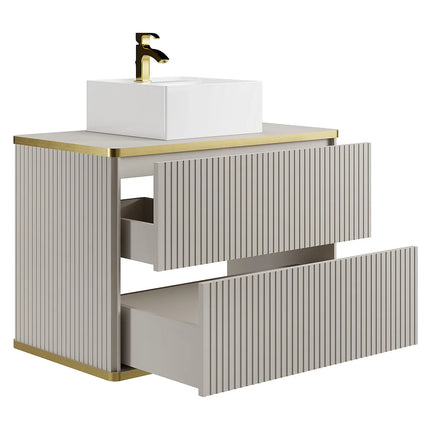 Meuble de salle de bain suspendu rainuré avec vasque à poser carrée - Beige/Blanc - 80 cm - KELIZA