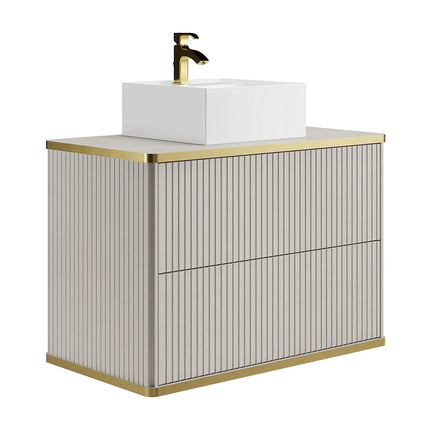 Meuble de salle de bain suspendu rainuré avec vasque à poser carrée - Beige/Blanc - 80 cm - KELIZA