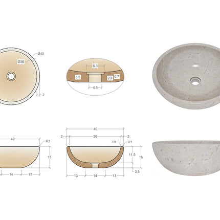 Vasque à poser ronde en marbre poli avec vasque ronde - Crème - 40 cm - LAVINO