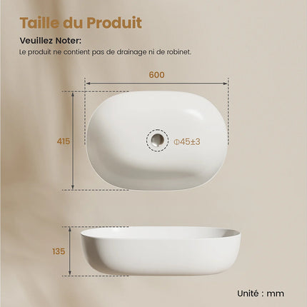 Lavabo à poser ovale blanc mat avec vasque rectangulaire arrondie - 60 cm - DS CONCEPT