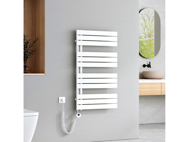 Sèche-serviettes électrique design suspendu avec thermostat et minuterie - Blanc - 60 cm - EMKE