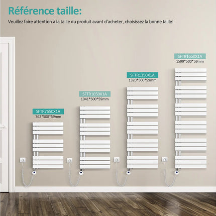 Sèche-serviettes électrique design suspendu avec thermostat et minuterie - Blanc - 60 cm - EMKE