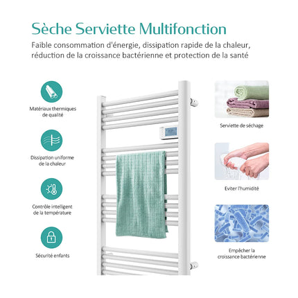 Sèche-serviettes électrique blanc avec thermostat digital - 96 cm - EMKE