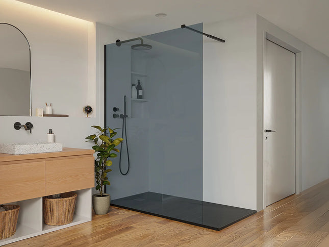 Paroi de douche à l'italienne finition verre fumé avec barre stabilisation réglable - Noir fumé - 140 cm - MALIKA II