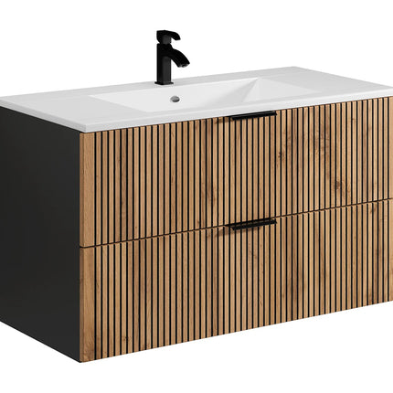 Meuble de salle de bain strié suspendu avec vasque à encastrer - Naturel clair et noir - 100 cm - MADELA