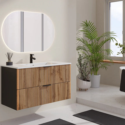 Meuble de salle de bain strié suspendu avec vasque à encastrer - Naturel clair et noir - 100 cm - MADELA