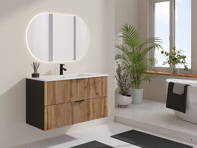 Meuble de salle de bain strié suspendu avec vasque à encastrer - Naturel clair et noir - 100 cm - MADELA