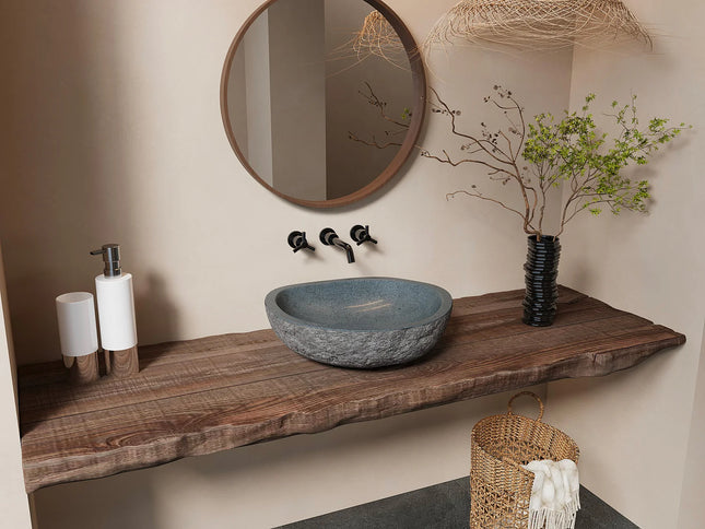 Vasque de salle de bain en pierre naturelle avec vasque asymétrique - Gris - 50 cm - WATU