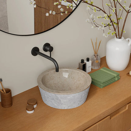 Vasque de salle de bain en marbre massif avec vasque ronde striée - crème - 40 cm - MARBLE