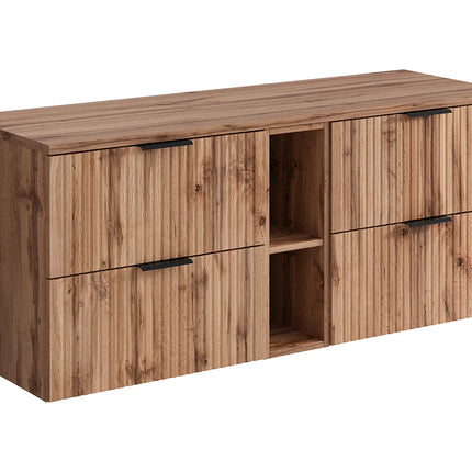 Meuble sous vasque suspendu strié avec niches - Noir et naturel clair - 140 cm - ZEVARA