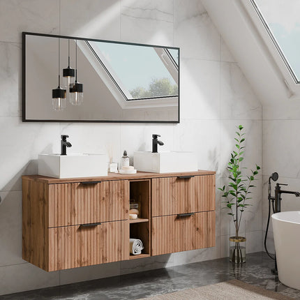 Meuble sous vasque suspendu strié avec niches - Noir et naturel clair - 140 cm - ZEVARA