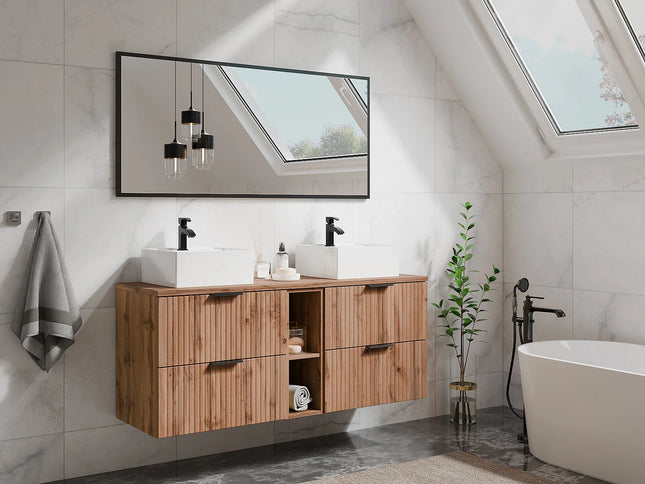 Meuble sous vasque suspendu strié avec niches - Naturel clair - 140 cm - ZEVARA