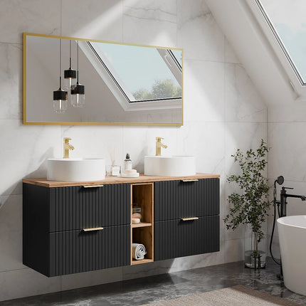 Meuble de salle de bain suspendu strié avec double vasque à poser ronde - Noir et naturel clair - 140 cm - ZEVARA
