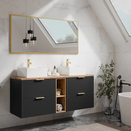 Meuble sous vasque suspendu strié avec niches - Naturel clair - 140 cm - ZEVARA