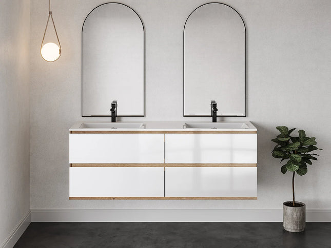 Meuble de salle de bain suspendu avec vasque à encastrer - Blanc et naturel clair - 150 cm - SABURI