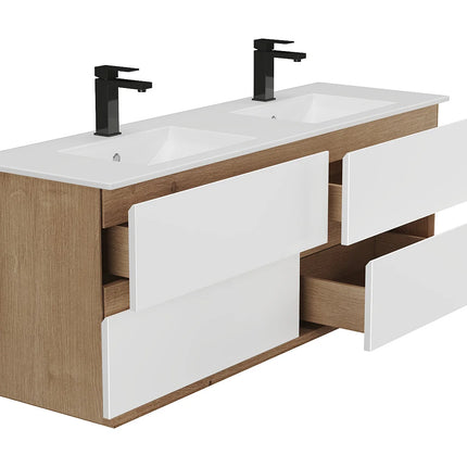 Meuble de salle de bain suspendu avec vasque à encastrer - Blanc et naturel clair - 150 cm - SABURI