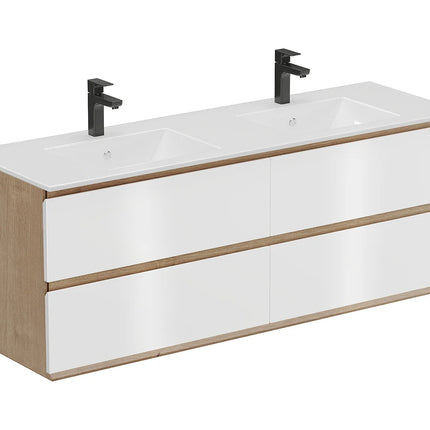 Meuble de salle de bain suspendu avec vasque à encastrer - Blanc et naturel clair - 150 cm - SABURI