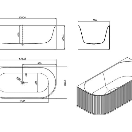Baignoire semi îlot striée - Blanc mat - 80 cm - BARBORI