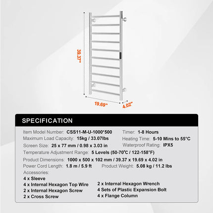 Sèche-serviettes électrique avec double système chauffant - Argent - 105 cm - DS CONCEPT