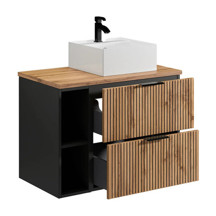 Meuble de salle de bain strié avec vasque à poser carrée - Naturel clair - 80 cm - Espace pro