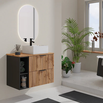 Meuble de salle de bain strié avec vasque à poser carrée - Naturel clair - 80 cm - Espace pro
