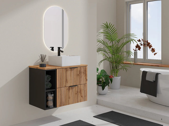 Meuble de salle de bain strié avec vasque à poser carrée - Naturel clair - 80 cm - Espace pro