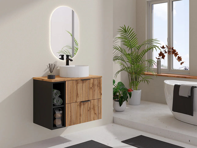 Meuble de salle de bain strié avec vasque à poser ronde - Naturel clair - 80 cm - Espace pro