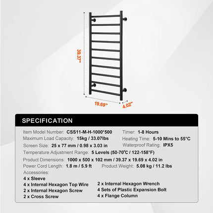 Chauffe-serviettes suspendu 10 barres - noir - 100 cm - DS CONCEPT