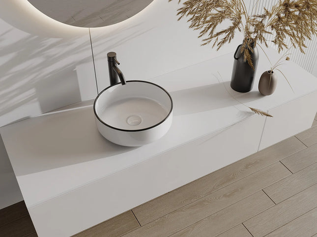 Vasque à poser ronde design épuré avec vasque en céramique - Blanc - 36 cm - LENISO II