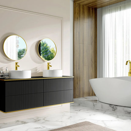 Meuble de salle de bain suspendu rainuré avec double vasque à poser ronde - Blanc - 150 cm - KELIZA