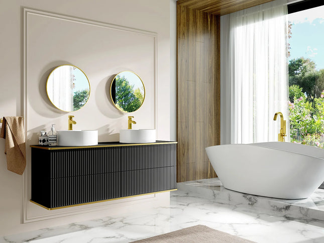 Meuble de salle de bain suspendu rainuré avec double vasque à poser ronde - Blanc - 150 cm - KELIZA