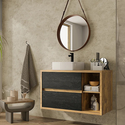 Meuble de salle de bain suspendu esprit loft avec vasque carrée à poser - Naturel et anthracite - 100 cm - TIKITIKI