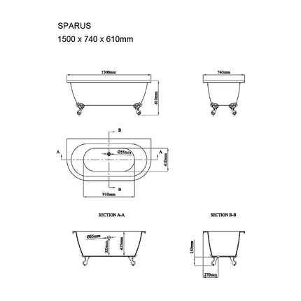 Baignoire semi-îlot rétro avec pieds pattes d’aigle - Vert mat - 150 cm - SPARUS