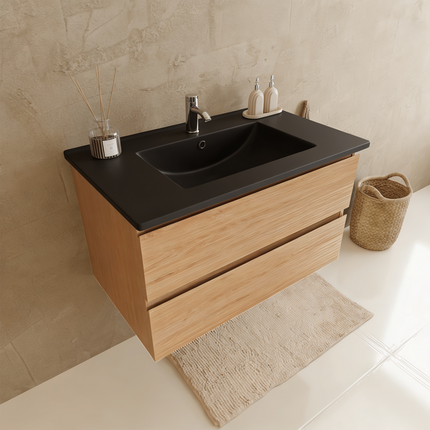 Meuble de salle de bains suspendu chêne clair avec vasque noire en marbre minéral - 80 cm - Marenza