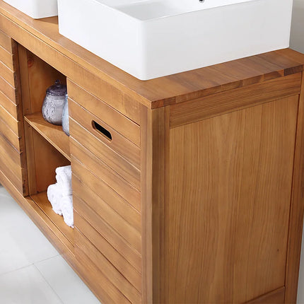 Meuble sous vasque à poser en acacia avec vasques à poser carrées - naturel foncé - 130 cm - PULUKAN