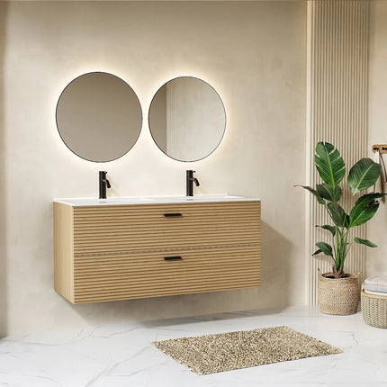 Meuble de salle de bain strié suspendu avec vasque à encastrer - Naturel clair - 120 cm - SARONE