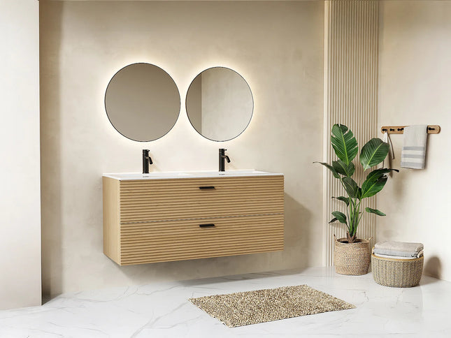Meuble de salle de bain strié suspendu avec vasque à encastrer - Naturel clair - 120 cm - SARONE