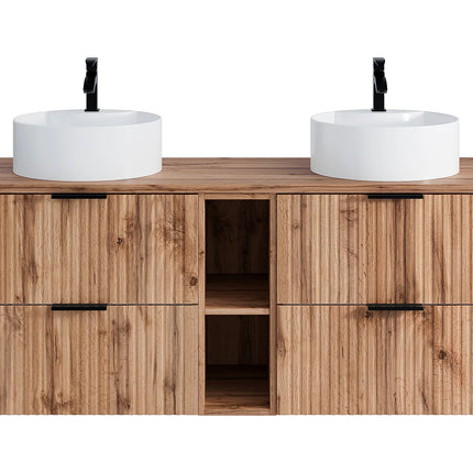 Meuble de salle de bain suspendu strié avec double vasque à poser ronde - Noir et naturel clair - 140 cm - ZEVARA