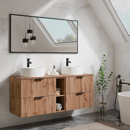 Meuble de salle de bain suspendu strié avec double vasque à poser ronde - Noir et naturel clair - 140 cm - ZEVARA